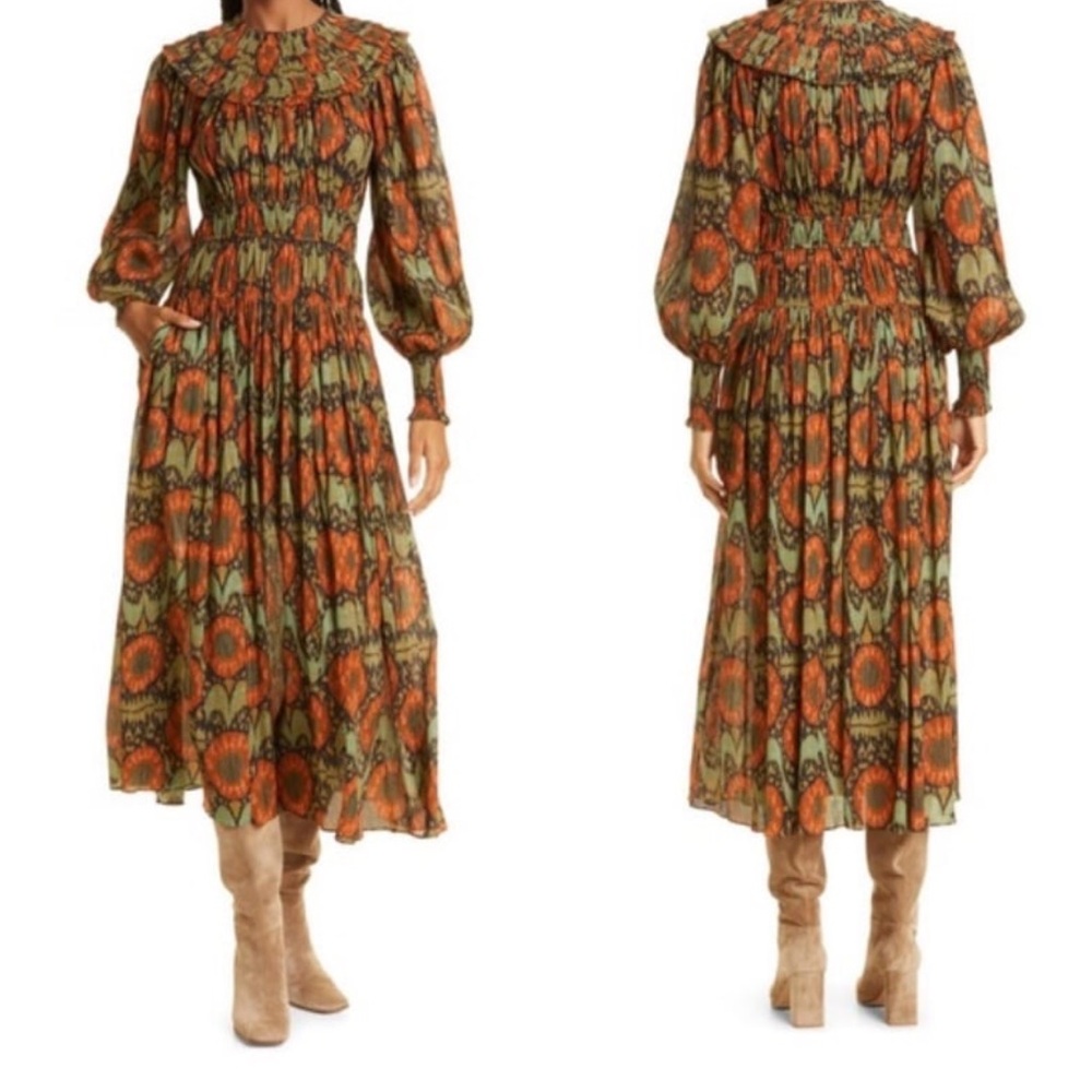 Ulla Johnson Kamila Lurex Long Sleeve Maxi Dress in the Nocturne pattern size 2